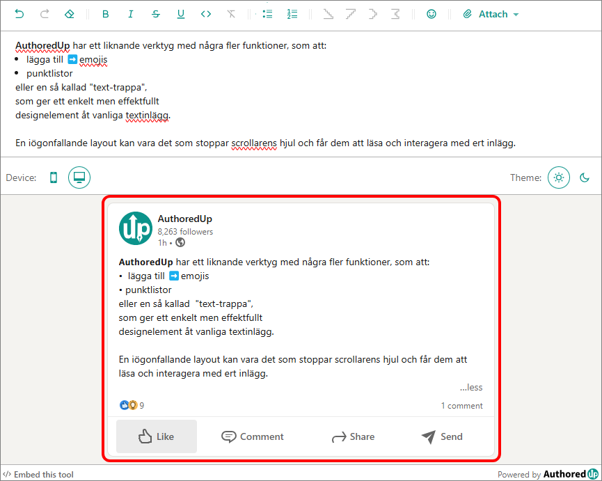 Exempel på verktyget textformatering för LinkedIn